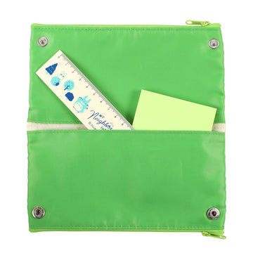 Open view of the penci case showing the 2 inside pockets with green fabric lining.